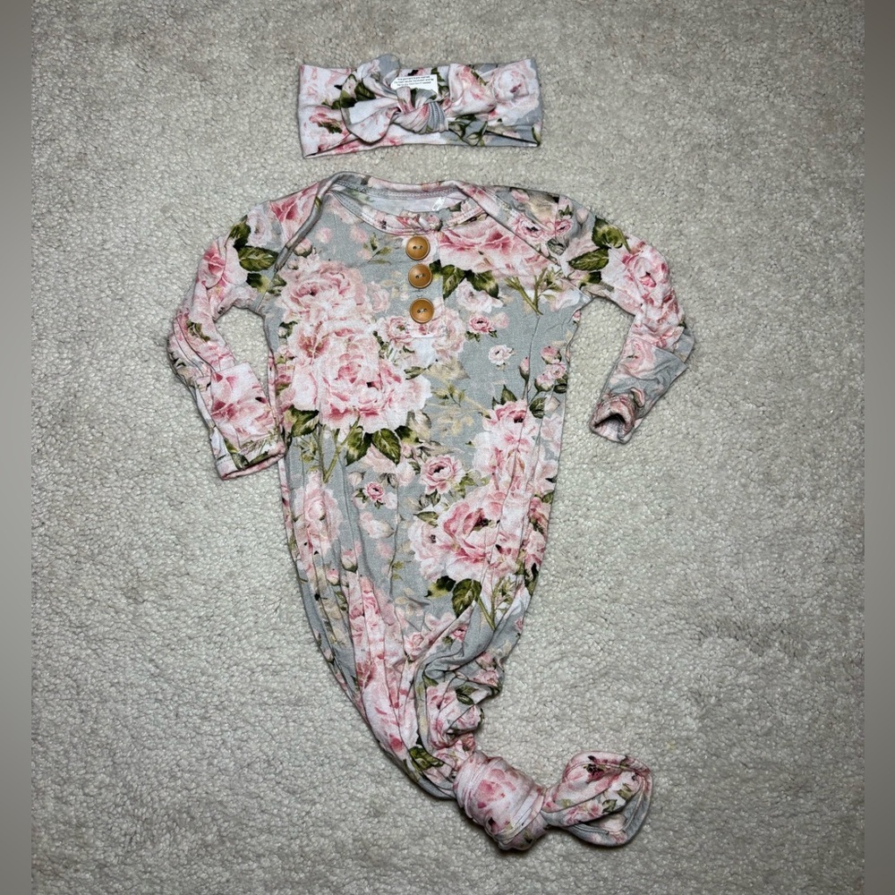 Posh Peanut Pink and Gray Floral knotted Gown with Headband Bow